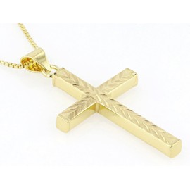JTV 18K Yellow Gold Over Sterling Silver Diamond-Cut Cross Pendant Necklace – 18 Inch Box Link Chain