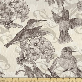 Ambesonne Hummingbirds Fabric by The Yard, Birds and Flowers Monochromic Classical Design Nostalgia Ornate, Decorative Fabric for Upholstery and Home Accents, 1 Yard, Dark Mauve Beige