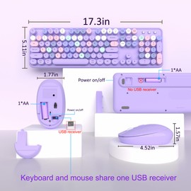 Wireless Keyboard and Mouse, Links9+ Full-Size Retro Typewriter Keyboard with Round Keycaps, 2.4GHz for Windows, Mac, Laptop, PC, Desktop (Purple Colorful)