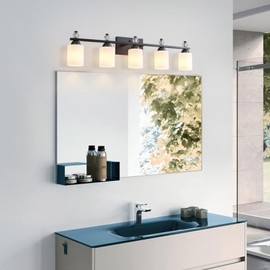BNHHLZ White Glass Bathroom Vanity Light Fixtures 5 Light Mid Century Black Vanity Light Over Mirror Modern Vanity Lights for Bathroom Mirror Hallway E26 Socket (Bulbs Not Included)