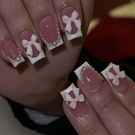 YoYoee Press on Nails -Short French Fake Nails Square False Nails Pearl Bow Nails Tips for Women and Girls 24Pcs