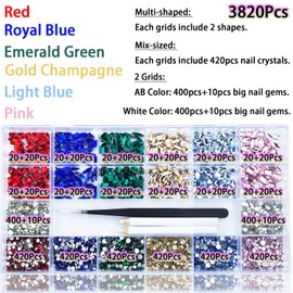 3820Pcs Rhinestones for Nails, Red Emerald Green Royal Light Lake Blue Gold Nail Crystals Multi Shaped Sized Mixed Color Flatback Glass Gems DIY Crafts Jewelry