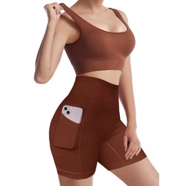 niyokki Workout Sets for Women, Seamless Crop Tops Leggings Matching 2 Pieces Outfits, Two Piece Yoga Workout Outfits with Pockets(Coffee,S)