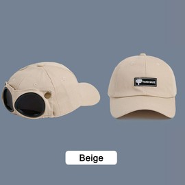 VNAKER Baseball Cap with Goggles for Men and Women, Vintage Washed Classic Baseball Hat Cap with Glasses, Very Cool Style Beige