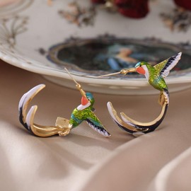 Cute Hummingbird Earrings Flying Hummingbird Oil Painting Dangle Earrings Enamel Hummingbird Stud Earrings Colorful Metal Animal Elegant Hummingbird Bird Studs Earring Jewelry - Green