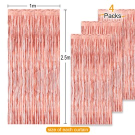 CHRORINE 4 Packs Rose Gold Tinsel Fringe Curtains Streamers Party Backdrop Foil Curtain for Rose Gold Birthday Party Decorations, Hen Party Wedding Bachelorette Bridal Shower Decorations