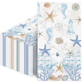 100 Pcs Nautical Coastal Paper Napkins, Sea Blue Disposable Guest Towels for Wedding, Boat & Beach Parties, Bathroom Hand Towels, Dinner Decorative Supplies
