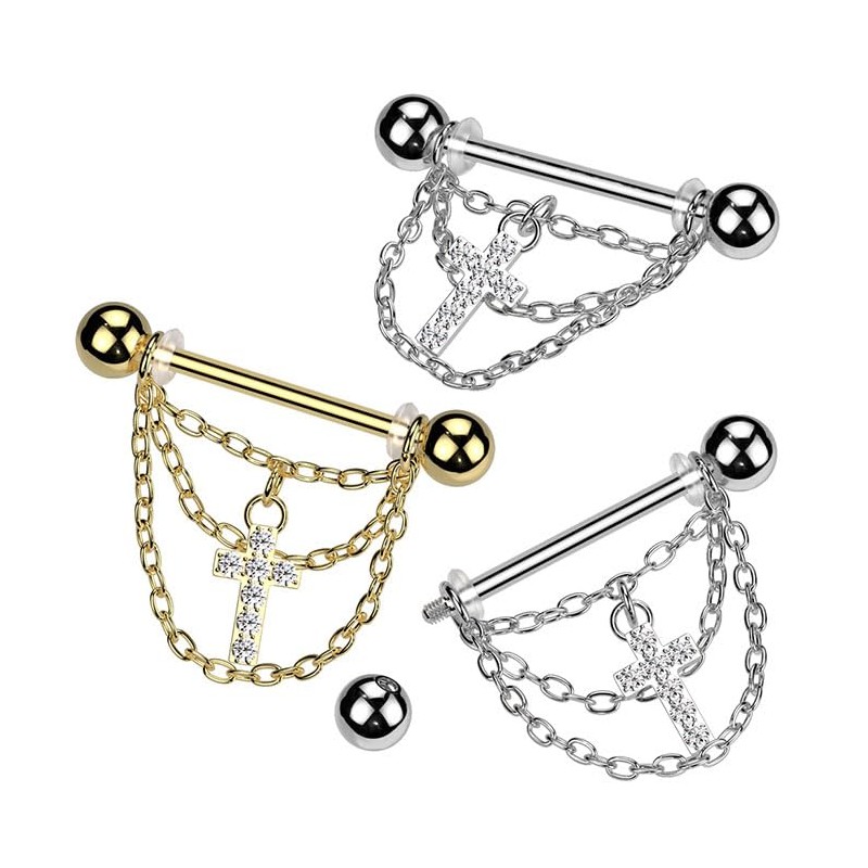 [HSP] Industrial Nipple Earrings Triple Chain Jewel CZ Cross Dangle,