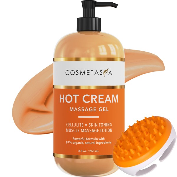 Cosmetasa Hot Cream Massage Gel with Massager Mitt- Natural and 87% Organic Cellulite Cream - Multi Use, Skin Toning Cream, Joints and Muscle - 8.8 oz