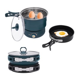 WUSILILU 500W Portable Electric Hot Pot with Foldable Handles, Non-stick Frying Pan, Mini Hot Pot, Multi-Functional Ramen Noodle Cooker Power Adjustment, Breakfast Masker Stand for Steaks (Green)