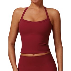 Womens Scoop Neck Longline Sports Bras Fixed Cross Back Women Workout Crop Tank Tops with Built in Bra Active Wear Athletic Work Out Gym Yoga Padded Bra Tank Top Wine Red M