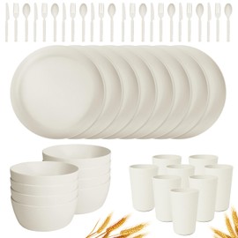 afcevnlb 48-Piece Plastic Wheat Straw Dinnerware Sets Plates and Bowls Sets for 8 Lightweight Bowls Unbreakable Dish Set Dishwasher Microwave Safe Suitable for Camping Party Grill（White）