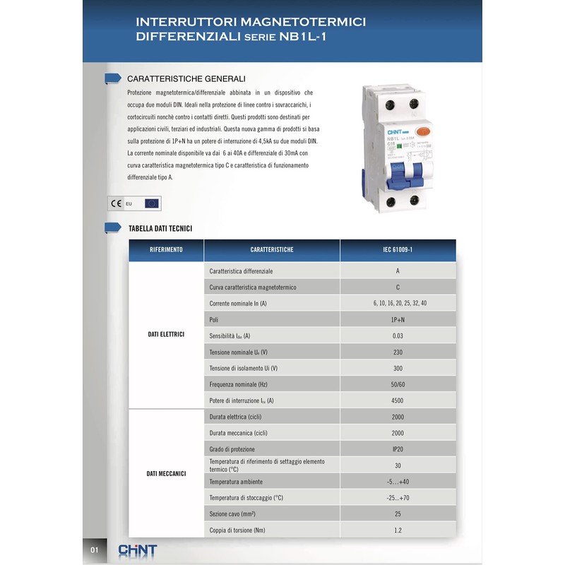 Interruttore Magnetotermico Differential 1P + N 25A 4.5kA 30mA 2M