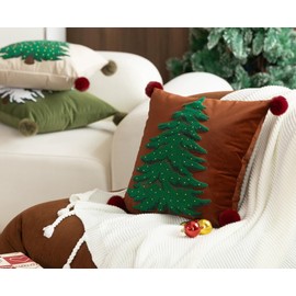 Fennco Styles Embroidered Christmas Tree Pom Pom Throw Pillow Cover 18" W x 18" L - Brown Festive Cushion Case for Home, Christmas, Winter Holidays Décor, and Special Occasions
