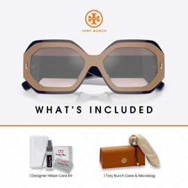 Tory Burch TY7192U 19396I 55MM Navy Beige/Clear Gradient Grey Mirror Silver Hexagonal Sunglasses for Women + BUNDLE With Deisgner iWear Complimentary Eyewear Kit