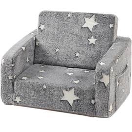 Furnishh Kids Sofa Couch Fold Out, Baby Toddler Comfy Soft Chair for Boys Girls, Flip Out Foldable Children 2 in 1 Convertible Sofa to Lounger, Folding Child Sleeper for Playroom, Grey Star