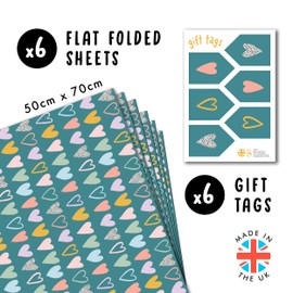 Women Wrapping Paper - 6 Sheets of Gift Wrap Hearts with Tags - Teal Love Hearts - Bridal Shower Anniversary Valentine's Day - Recyclable - by Central 23