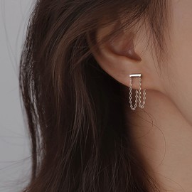 TseenYi Bar Stud Earring Long Chain Drop Earring Silver Bar Ear Crawler Earring Boho Chain Tassel Earring Minimalist Chain Earring Jewelry for Women and Girls Gifts