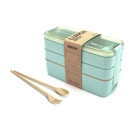 Eco-Friendly Compact Bento Lunch Box Set with Spoon, 3-in-1 Compartment Stackable Meal Prep Containers for Kids & Adults, Wheat Straw, Leakproof Green