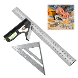 2-Piece Set Square Tool, Incl 11.81inch/300mm Combination Square With Spirit Level, And A Silver 7-Inch Imperial Triangle Ruler At 90 Degrees For Accurate And Adjustable Woodworking Measurement