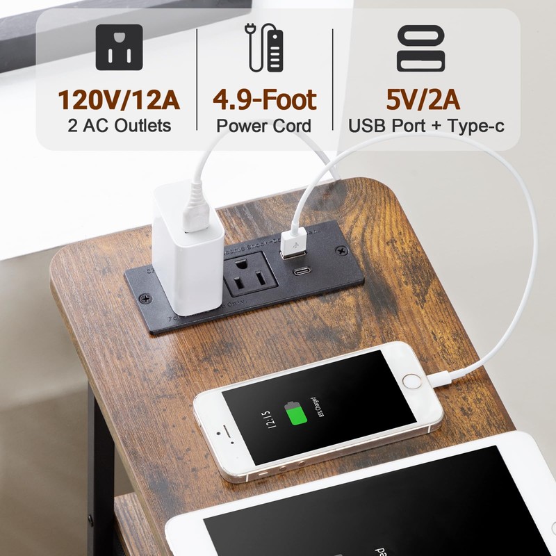 LOAKEKEL Narrow End Table Living Room with Charging Station, Skinny