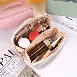 MAMUNU Large Capacity Cosmetic Bag Travel Cosmetic Storage Bag with Handle Portable Zipper Cosmetic Bag Toiletry Bag Makeup Bag Large with Compartments for Women Girls (White)