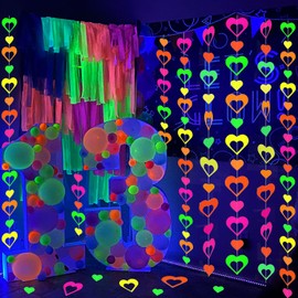 6 Packs UV Heart Paper Neon Garland Streamers Decorations for Glow Party UV Reactive Black Light Favors Glow in The Dark Supplies for Baby Shower Wedding Birthday Bridal Shower Bachelorette Garlands