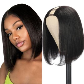 Glowig U Part Wig Human Hair Straight Bob Wigs For Women Brazilian Remy Hair Short Bob Human Hair Wigs Clip in UPart Wig Human Hair Natural Black Color 14 Inch