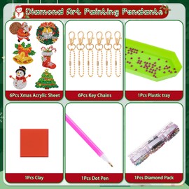 JSRQT 6Pcs Christmas Diamond Art Painting Keyrings, 5D DIY Diamond Pasted Painting Keychains Christmas Pattern, Double-Sided Diamond Hanging Pendants Diamond Stickers Key Chains for Backpack Handbags