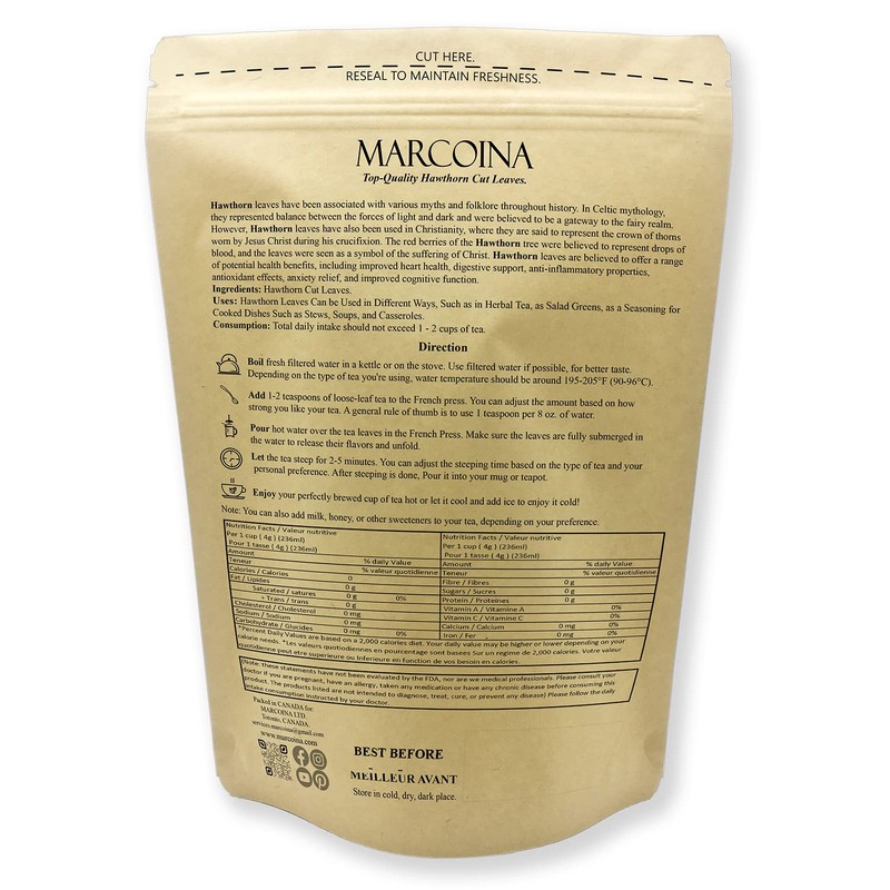 Marcoina Hawthorn Leaves Herbal Tea - Caffeine-Free, Cut Leaf, 227g(8oz),