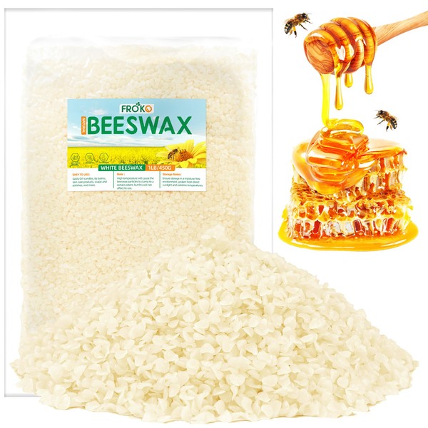 FROKO White Natural Beeswax Pellets 1LB, Organic Beeswax, Beeswax for