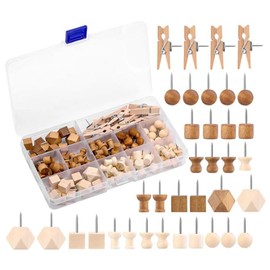 114 Pcs Wooden Pins, Cork Bulletin Board Thumbtacks, Decorative Push Pins, 7 Types and 2 Colours for Cork Boards, Bulletin Boards, Office Home Pegboard Accessories with Storage Boxes