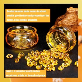 2PCS Feng Shui Golden Treasure Basin and About 36 PCS Ingot Yuan Bao, 3In Crystal Glass Treasure Basin Good Luck Wealth Prosperity Figurine for Feng Shui Decor, Home Office Decor Chinese Gifts (Gold)