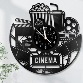 KingLive Movie Theater Decor Wall Clock, 12 Inch Cinema Vinyl Record Wall Clock, Theater Movie Reels Popcorn Wall Decor for Movie Room, Gift for Movie Lover, Friends and Family