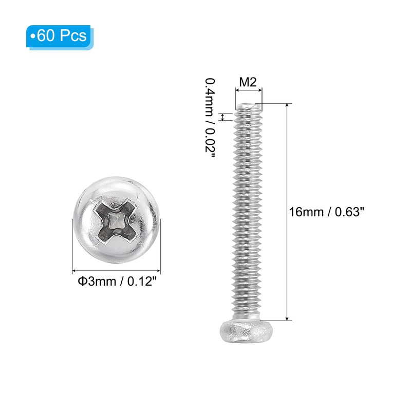 PATIKIL 60pcs M2-0.4 x 16mm 304 Stainless Steel 18-8 Full