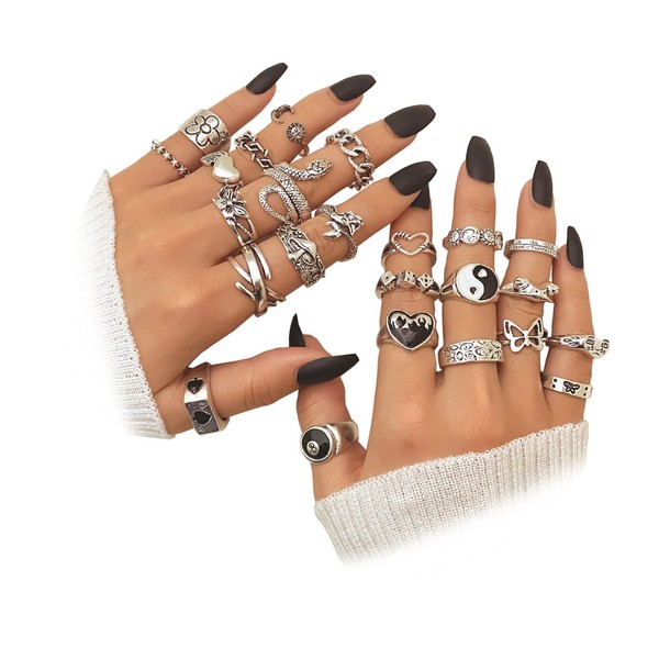 IFKM Vintage Silver Knuckle Rings Set for Women Teen Girl, Stackable Joint Finger Statement Rings Bohemian Retro Hollow Carved Midi Rings, Boho Y2k Snake Butterfly Heart Chunky Stacking Rings Pack (24Pcs)