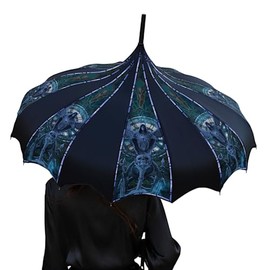 Gothic Rebel Pagoda Umbrella - Artisan Design with Bat Wing Scalloped Edges, Full Size Waterproof Windproof UV Protection Gothic Parasol with Carry Case (Time Lord)