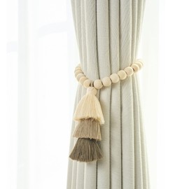 champracer Magnetic Curtain Tiebacks, Rainbow Boho Curtain Holders, Pack of 2 Rainbow Tassels Curtain Holders with Wooden Bead, Curtain Tiebacks Magnetic (Wooden Bead Beige)