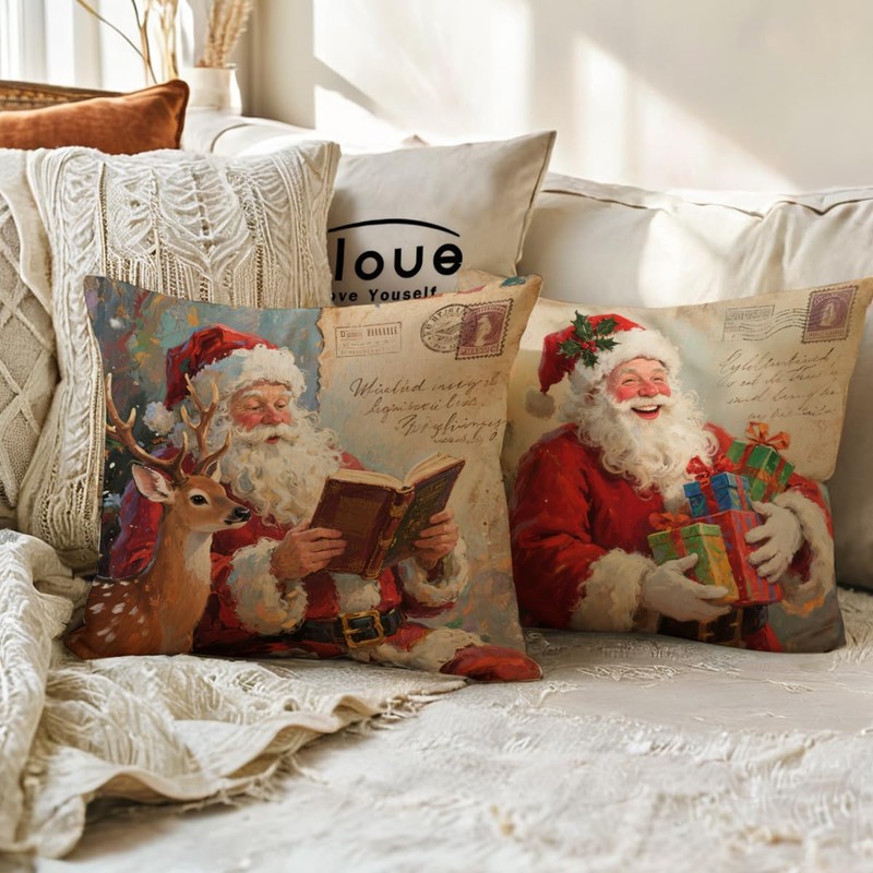 Rustic Christmas Decor Throw Pillow Covers Santa Post Card Design