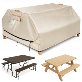 Patio Picnic Table Cover Waterproof, 70 / 72 Inch Patio Picnic Table Bench Cover, Heavy Duty 420D Oxford Fabric Anti UV Windproof with Adjustable Straps Air Vent, Fits 6 FT Picnic Tables, Khaki