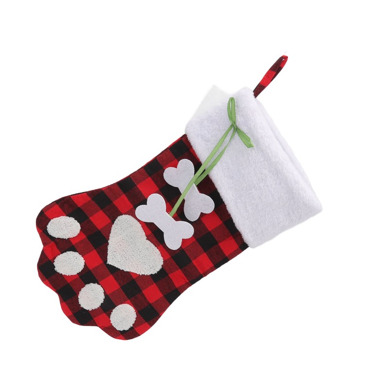 Christmas Stocking Dog Paw Shape Plaid Decorative Gift Bag Christmas