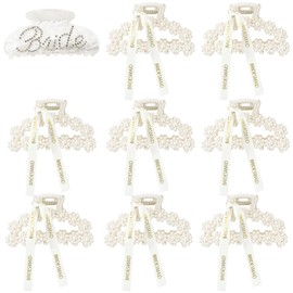 9 Pcs Pearl Bridesmaid Hair Claw Clips With Ribbon and 1Pack Acrylic Bride Claw Hair Clip With Rhinestone Bride Logo Set,Bachelorette Bridal Party Favors Present Bridesmaid Proposal Gifts