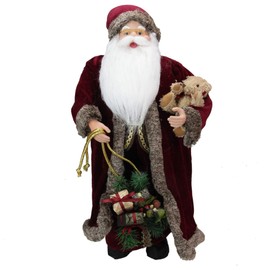 Northlight 24" Noble Standing Santa Claus in Burgundy Robe Christmas Figure with Teddy Bear and Gift Bag