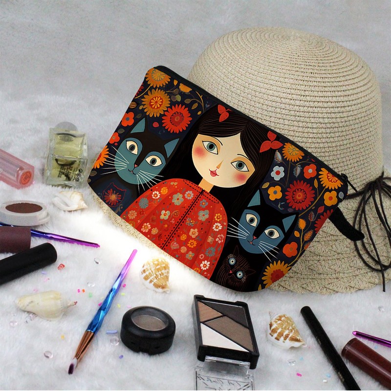 Livel lhood Young Lady with Cats Makeup Bag Folk Art