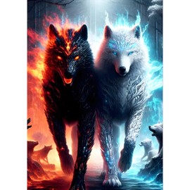 QQYRHN 5D Fantasy Wolves Diamond Painting Kit for Adults Beginners Ice and Fire Diamond Art Kits Complete DIY Dreamland Diamond Embroidery Set Perfect for Relaxation and Decor 30 x 40 cm