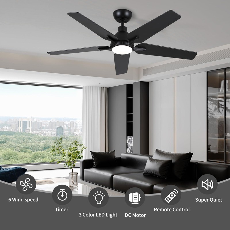 putroad 52 Inch Ceiling Fans with Lights: Black 5 Blades