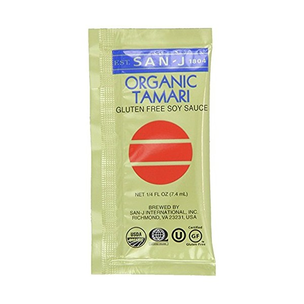 San-J - Organic Gluten Free Tamari Soy Sauce - Made with 100% Whole Soy - Specially Brewed - 1/4 oz. Individual Portioned Packets - 50 Pack