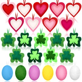 Kingdder 24 Pcs Valentine's Day Heart Ornaments St Patrick's Day Shamrocks Easter Hanging Egg Ornaments Valentines Day Tree Decoration Heart Shaped Felt Ornaments for Hanging Decor (Cute Color)