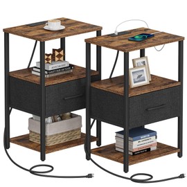 TUTOTAK Nightstand Set of 2, Night Stand with Charging Station, End Table, Bedside Table with Fabric Drawer, Side Table for Livingroom and Bedroom, Brown TB01BB0692