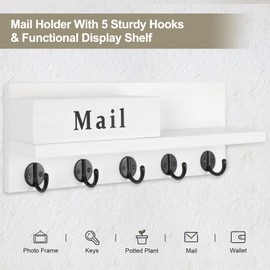 Lucundm Key & Mail Holder for Wall, Decorative Key Holder with Letter Holder for Mails, Magazines, 5 Sturdy Hooks for Dog Leash, Coat, Mail Organizer Shelf (15.7”W x 5.3”H x 3.5”D)